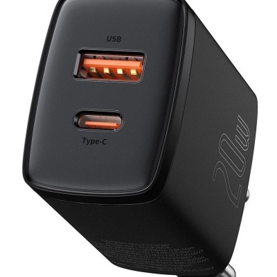 Incarcator retea Baseus Compact, Quick Charge 20W, 1 x USB Type-C 5V/3A max, 1 x USB 5V/3A, negru - Img 4
