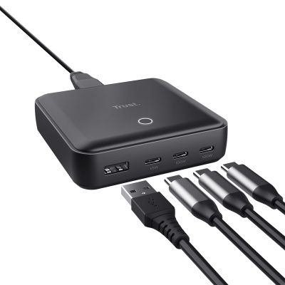 Statie de incarcare Trust, 4 porturi: 1 x USB-A & 3 x USB-C, putere maxima 100W, compatibil cu laptop, tableta, smartphone, accessorii, negru - Img 4