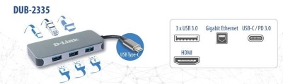 D-Link DUB-2335 6-in-1 USB-C Hub with HDMI, Gigabit Ethernet and power delivery, 1* USB-C connector, 1* HDMI Port, 3* USB Type- APort (USB 3.0), 1* Gigabit Ethernet, 1* USB-C powerdelivery. - Img 4