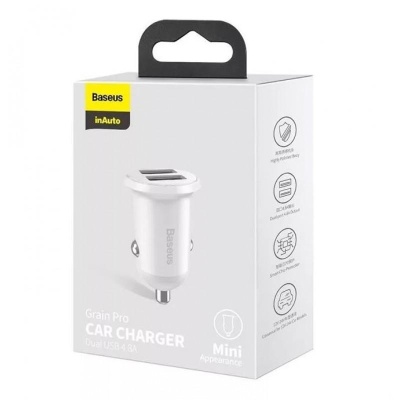 Incarcator auto Baseus Grain Pro, 2 x USB Output 5V/4.8A total ambele porturi, pt. bricheta auto, alb - Img 8