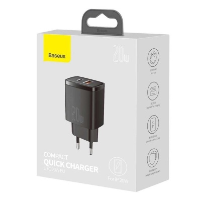 Incarcator retea Baseus Compact, Quick Charge 20W, 1 x USB Type-C 5V/3A max, 1 x USB 5V/3A, negru - Img 8