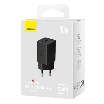 INCARCATOR retea Baseus GaN5 Pro, Quick Charge 40W, 2 x USB Type-C, negru - Img 10