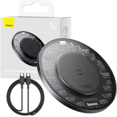 Incarcator wireless Baseus Simple Qi 15W, compatibilitate smartphones, cablu Type-C la Type-C 1m inclus, negru