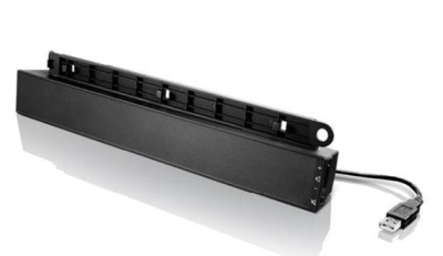 Lenovo USB Soundbar, Compatible with most Lenovo ThinkVision monitors Dual Speaker support with 1.25+1.25 total watts of output Audio volume controlled directly from the soundbar, Volume+ / volume- / mute button, Audio is linked to PC audio control,