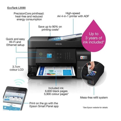 Multifunctional inkjet color CISS Epson L5590, (Print, Copy, Scan, Fax) dimensiune A4, 4 culori, viteza max 15ppm alb-negru, 8ppm color, rezolutie 1200x2400dpi, alimentare hartie 100 coli + 30 coli ADF, Scanner CIS, 5ipm, Fax: 33.6kbps / Approx. 3