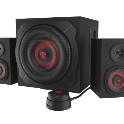 Sistem audio Genesis HELIUM 610BT, putere maxima RMS 60W, frecventa raspuns 40 - 20000 Hz, conectivitate mini jach, bluetooth 4.2, material lemn, negru/rosu