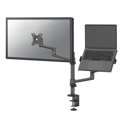 Suport dublu laptop de birou Neomounts DS20-425BL2; pentru display-uri cu diagonale 17"-27", sistem de prindere VESA 75x75~100x100, greutate maxima suportata 8kg, tilt +90°, -30°, swivel 90°, rotate 360°, distanta fata de perete 162-494mm; inaltime