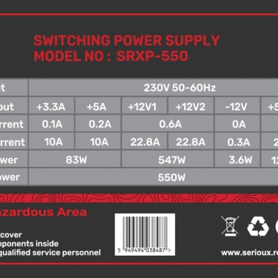 Sursa Serioux Energy 550W, 80+ Bronze, Ventilator 12cm, ATX, material metal, cabluri: 20+4-pin, 1x4+4-pin, 2x6+2-pin, negru - Img 2