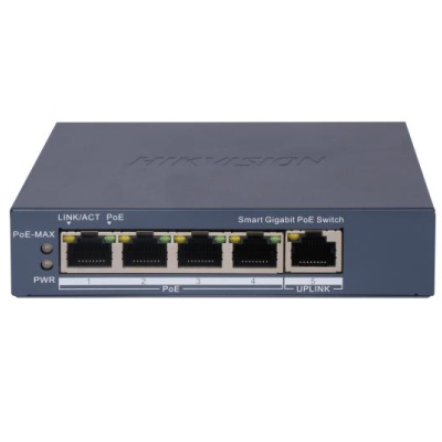 Switch PoE Hikvision DS-3E1505P-EI, 4 × Gigabit PoE port,1 × Gigabit RJ45 port, Total PoE Power Budget 60W, Support 802.1Q VLAN, capacitate: 10 Gbps, alimentare: 54VDC, 1.2A, dimensiuni: 121.1 mm × 27.6 mm × 83.1 mm, greutate: 0.26kg.