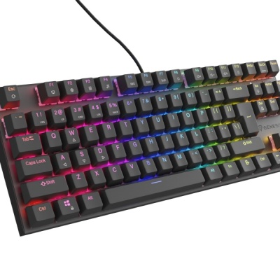 Tastatura gaming mecanica cu fir Genesis Thor 303 TKL, iluminare RGB, switch Linear, switch model Outemu Peach Silent, numar taste 87, 11 butoane multimedia, lungime cablu 1.8m, dimensiuni 355 x 136 x 36 mm, negru