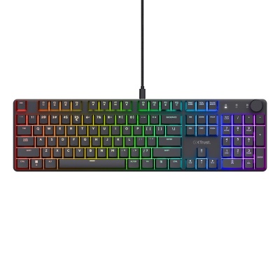 Tastatura mecanica Trust GXT 866 Torix cu fir, swtich linear, 104 butoane, full RGB, butoane programabile, tipuri de jocuri FPS, MMO, MOBA, RPG, RTS, negru