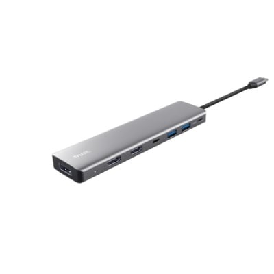 Adaptor Trust Dalyx 7-in-1, 2 porturi interfata USB-A 3.2 gen 1, 1 port USB-C, 2 porturi HDMI, 1 display port, 1 charging port USB-C 100W, led indicator oprit/pornit, lungime cablu 16cm, gri - Img 2