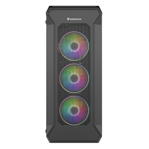Carcasa GENESIS IRID 505 V2 Mid Tower ARGB NEGRU, Tempered Glass, Sloturi Expansiune 8, Drive Bays: 2x3.5" 7x2.5", Ventilatoare Suportate: 6 (spate: 1x120mm, fata: 3x120mm sau 2x140mm, sus: 2x120mm sau 2x140mm), Ventilatoare Incluse: 4 (4x120mm OXAL