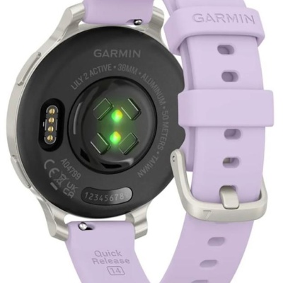 Ceas Garmin Lily 2 Active, display AMOLED, dimensiune afisaj 25,4 mm x 21,3 mm, rezolutie afisaj 240 x 201 pixeli, memorie 8GB, autonomie pana la 9 zile, rezistanta la apa pana la 5 ATM, greutate: 24,4g, ramă Argintiu, şi curea Purple Jasmine din silicon - Img 3