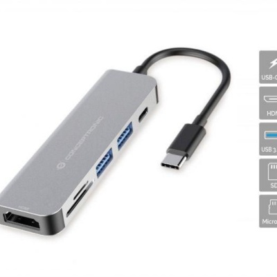 CONCEPTRONIC DONN02G 6-in-1 USB 3.2 Gen 1 Docking Station, USB 3.0 x 2, 60W USB PD, HDTV, SD, TF/MicroSD, 35.8 x 120 x 15 mm - Img 4