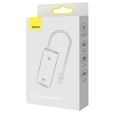 Docking Station Baseus Lite, conectare PC USB Type-C, USB 3.0 x 3, USB Type C x 1 PD 20V/5A, HDMI x 1/4K/30Hz, alb - Img 3