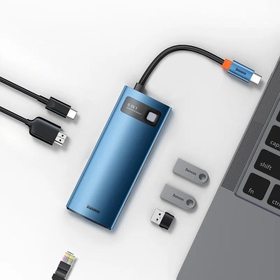 DOCKING Station Baseus Metal Gleam, conectare PC USB Type-C, USB 3.0 x 3, USB Type C x 1 PD 100W 5V / 9V / 14.5V / 20V 5A (Max.), Gigabit RJ-45 x 1, HDMI x 1/4K/30Hz, albastru - Img 7