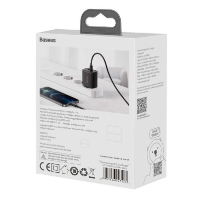 Incarcator retea Baseus Compact, Quick Charge 20W, 1 x USB Type-C 5V/3A max, 1 x USB 5V/3A, negru - Img 9
