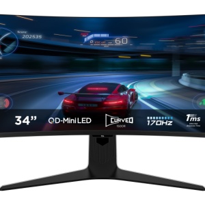Monitor TCL 34" 34R83Q, Curvature: 1500R, Diagonal (inch): 34, Diagonal (cm): 86, Aspect ratio: 21:9, Panel: QD-Mini LED, Resolution: 3440x1440, Refresh Rate: 170Hz, Response time GtG: 1ms, Brightness (max): 1600 cd/m², Contrast (static) : 4000:1,