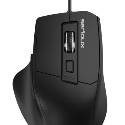 Mouse optic cu fir Serious USB 6D, Culoare neagra, Design ERGO Complet negru cu capac superior din cauciuc, 6 butoane DPI: 1200-1800-2400-3600DPI, Cablu PVC negru de 1,5 m, aaaaawAmbalaj OEM în cutie de culori