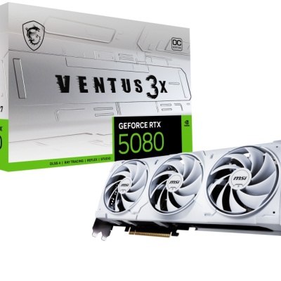 MSI VENTUS GEFORCE RTX 5080 16G 3X OC WHITE. Graphics processor family: NVIDIA, Graphics processor: GeForce RTX 5080. Discrete graphics card memory: 16 GB, Graphics card memory type: GDDR7, Memory bus: 256 bit. Maximum resolution: 7680 x 4320 pixels.