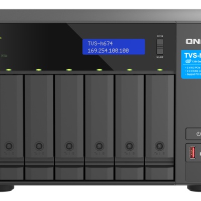 NAS QNAP H674 6-Bay, CPU Intel Core i5-12400 6-core 12-thread Processor, up to 4.4GHz, RAM 32GB (2x 16GB) DDR4 SODIMM (Max. 128GB), 6 x 2.5"/3.5" SATA 6Gbps + 2 x M.2 2280 NVMe HDD (neincluse), LAN: 2 x 2.5GbE (2.5G/1G/100M/10M), USB3.2 Gen1: 3 (2 x