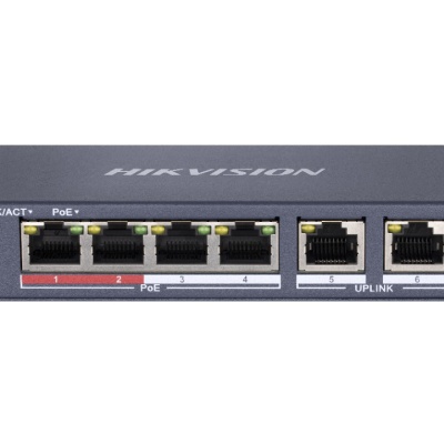 Switch Hikvision DS-3E0106P-E-M, Switching capacity 1.6 Gbps, 4 x 10/100Mbps PoE ports, and and 2 × 10/100Mbps RJ45 ports, MAC address table 4 K, PoE power budget 35 W, Internal cache 768 Kbits, 6 KV surge protection for PoE ports, Up to 300 m long-range