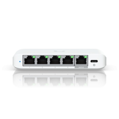 Ubiquiti USW-Flex-2.5G-5, 5 porturi RJ45 1/2.5 GbE, capacitate 25 Gbps, 1 adaptor de alimentare AC, 5V DC, 1A, 1 PoE (PairA 1, 2+; 3, 6-)(PairB 4, 5+; 7, 8-), dimensiuni 117.1 x 90 x 21.2 mm (4.6 x 3.5 x 0.8")
