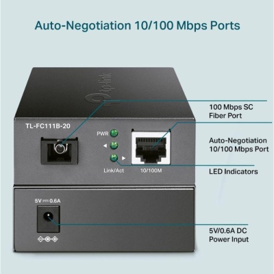 "10/100 Mbps RJ45 to 100 Mbps Single-mode SC WDM Bi-Directional Fiber Converter PORT: 1× 100Mbps SC Port, 1× 10/100M RJ45 Port (Auto MDI/MDIX) SPEC: Full-duplex, Tx:1310 nm, Rx:1550 nm, Up to 20 km, Chassis TL-FC1420 Rack-mountable" - Img 3