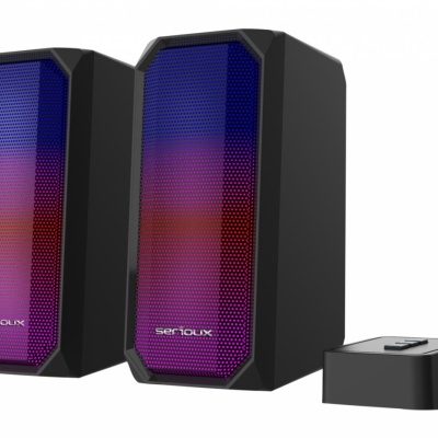 Boxe gaming 2.0 Serioux Kyro RGB, Functie Dual Mode Bluetooth, putere: 3W x 2, impedanță: 4Ω, frecvență: 150Hz - 20KHz, sensibilitate : 650mv± 50mv, alimentare: DC5V / 1A, S / N: ≥75dB, dimensiunea driverului: 2,5 inch x 2, conexiune: 3.5mm jack TRS, RGB