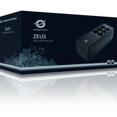 Conceptronic ZEUS05E 650VA 360W UPS, Schuko x 6 (3x surge protection 3x surge protection & battery backup), RJ45 In/Out, AVR, 110 x 309 x 84 mm - Img 2