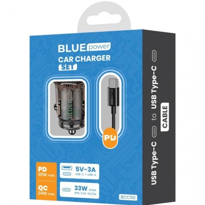 Incarcator auto BLUE Power BCC50 33W/3A 1xUSB-A & 1xUSB-C Black + Cable USB-C to USB-C Black - Img 4