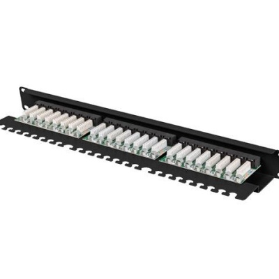 Patch panel 24 porturi 1U 19" Cat.5e UTP cu organizator cabluri, negru