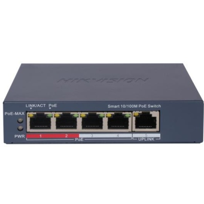 Switch 4 porturi PoE Hikvision DS-3E1105P-EI, L2, Smart Managed, 4 × 100 Mbps PoE RJ45 ports, si 1 × 100 Mbps network RJ45 port, Putere PoE 60 W, maxim 30W per port, Extend mode - pana la 300 metri, material metal, dimensiuni: 105 mm × 27.6 mm × 83.1 mm,
