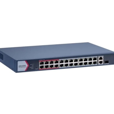 Switch PoE Hikvision DS-3E1326P-EI/M: 24 × 10/100 Mbps PoE port,1 × Gigabit combo,1 × Gigabit RJ45 port, 24 porturi PoE maxim 30W, buget PoE 230W, tensiune alimentara: 100-240 VAC, 50/60 Hz, Max. 4 A, dimensiuni: 335.00 mm × 44.50 mm × 226.00 mm,