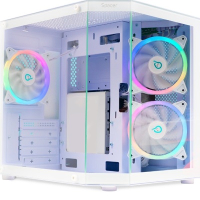 Carcasa Spacer Aquarium, mATX, fara sursa, sticla securizata, USB 3.0 x 1, USB Type-C x 1, HD-Audio, Jack 3.5mm x 1, white