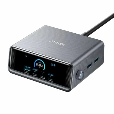 Incarcator si statie incarcare Anker Prime 250W, Ultra-Fast 6-Port, 2x USB-A, 4x USB-C, GaN, Ecran LCD, negru