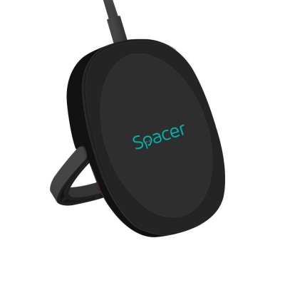 Incarcator wireless Spacer, Quick Charge 15W Qi, conector Type-C, rol de stand prin prindere magnetica, negru - Img 2