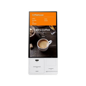 Kiosk interactiv Samsung KM24A, include imprimanta si cititor de cod QR/barcode (display + connection box); nu include POS; se poate instala pe stand optional