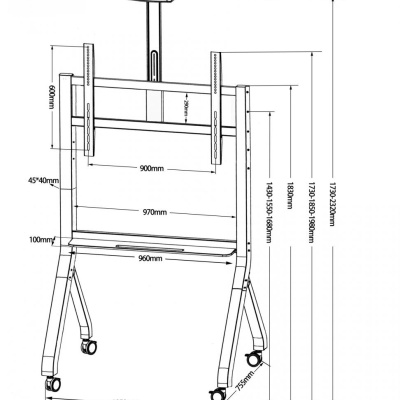 Stand TV mobil Serioux TV213CA, dimensiuni: 1050x755x2320mm, compatibilitate Max Vesa: 900x600mm, compatibilitate TV: 55"-100", greutate maximă suportata: 120 kg, baza cu 4 roti, raft multifunctional, negru - Img 4