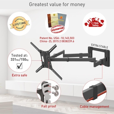 Suport TV plat/curbat de perete cu 2 brate Barkan BM464XL, 13"- 83", Max 50kg, VESA 600x400, negru
