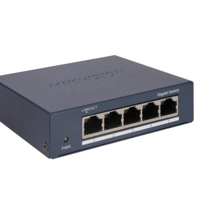 Switch Hikvision DS-3E0505-O: 5 × Gigabit RJ45 ports, 10 Gbps, 1000M network access, alimentare: 5VDC, 0.6A, dimensiuni: 105.00 mm × 27.60 mm × 83.10 mm, greutate: 0.17kg, montare pe birou sau pe perete.