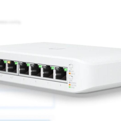 Ubiquiti UniFi 8 port switch, USW-LITE-8-POE, 8 x 10/100/1000 Mbe RJ 45 ports, 4 x POE, 8 Gbps, buget POE: 52W, SMB layer 2 PoE GbE switch, dimensiuni: 99.6 x 163.7 x 31.7 mm.