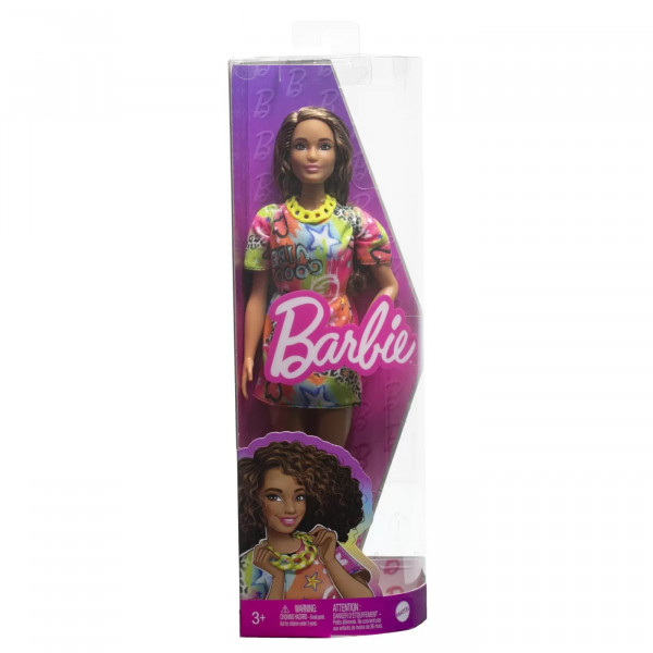 Papusa Barbie Fashionista Satena Cu Rochie Cu Imprimeu Good Vibes
