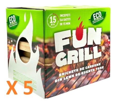 Pachet 5 Brichete de carbune pentru gratar cu lemne si chibrituri pentru aprins, Fun Grill