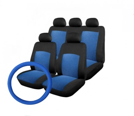 Pachet huse scaune auto, universale, fata-spate, Negru cu albastru, material textil plus husa volan piele ecologica perforata albastra