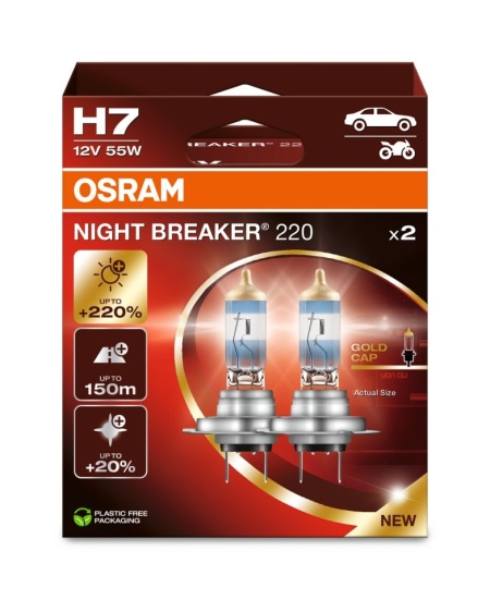 Set 2 Becuri Auto Halogen Osram Night Breaker Laser 220 64210NB220-HCB H7 12V 55W