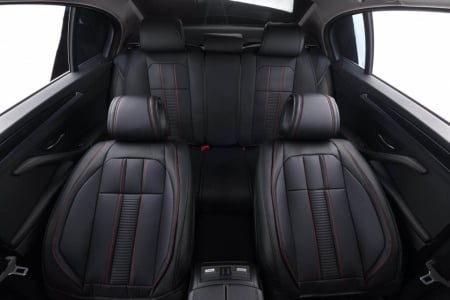 Set huse scaune auto compatibil BMW X3 E83 2003-2010, fata-spate, piele ecologica neagra si cusaturi rosii