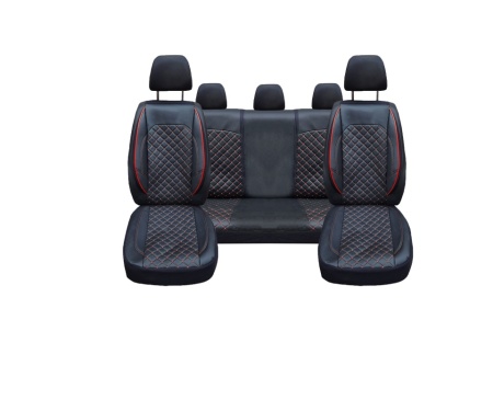 Set huse scaune auto, universale, fata-spate, bancheta fractionata, negru cu cusatura rosie, piele ecologica