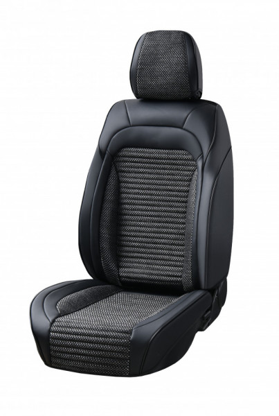 Set huse scaune auto universale fata-spate, piele ecologica neagra cu material textil negru